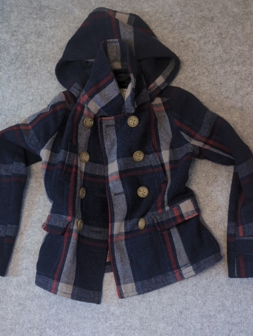 American Eagle Outfitters Navy Plaid Hooded Pea Coat XS